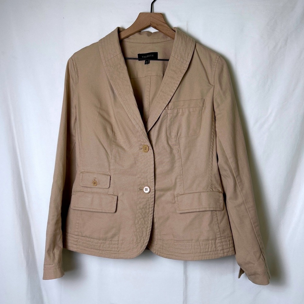 Talbots Women Multi Stitch Cotton Twill Two Button Blazer Size 14 Tan Minimalist